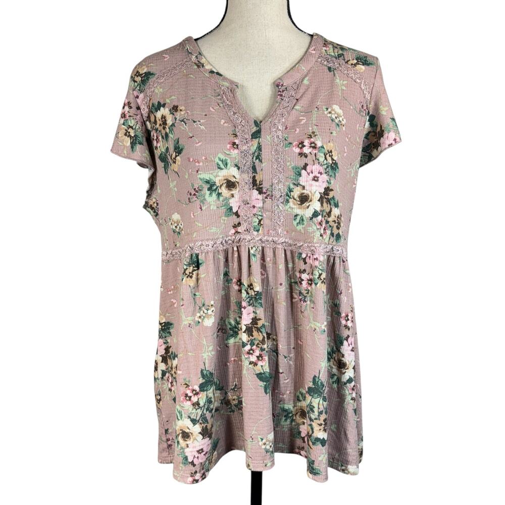 Torrid SZ 1 (1X-Large) Babydoll Top Floral Stretch V-Neck Lace Cap Sleeves Mauve